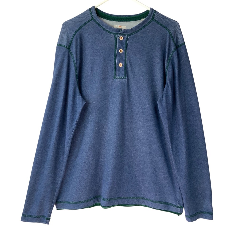 Tommy Bahama Island Modern Fit Blue Green Henley Shirt Medium Button Long Sleeve